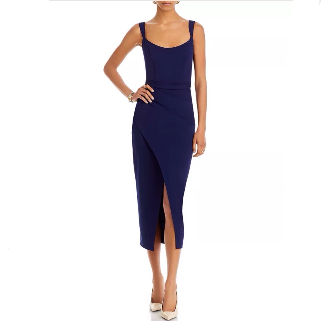 Bloomingdale Aqua Midi Dress Faux Wrap Scoop Neck Cocktail Blue Size 12